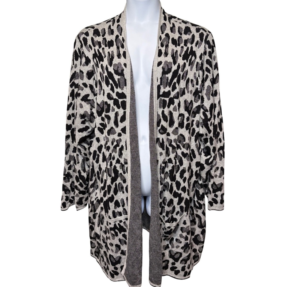 CATHERINES Gray Leopard Metallic Open Front Cardigan w/Pockets 4X Chic‎ Shimmer